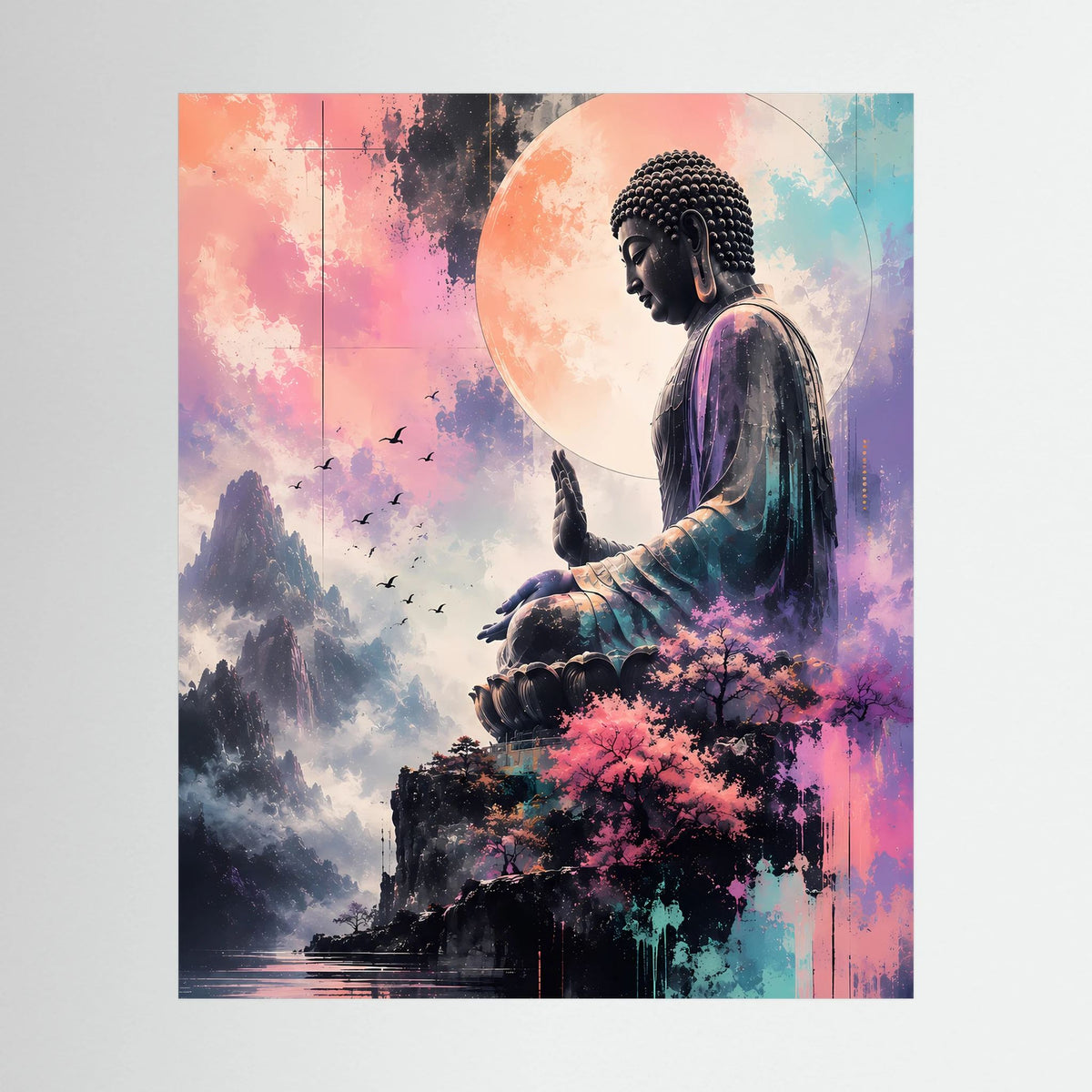 Ungefasstes Hochformat-Poster mit sitzendem Buddha, Bergen und Kirschblüten im Pastell