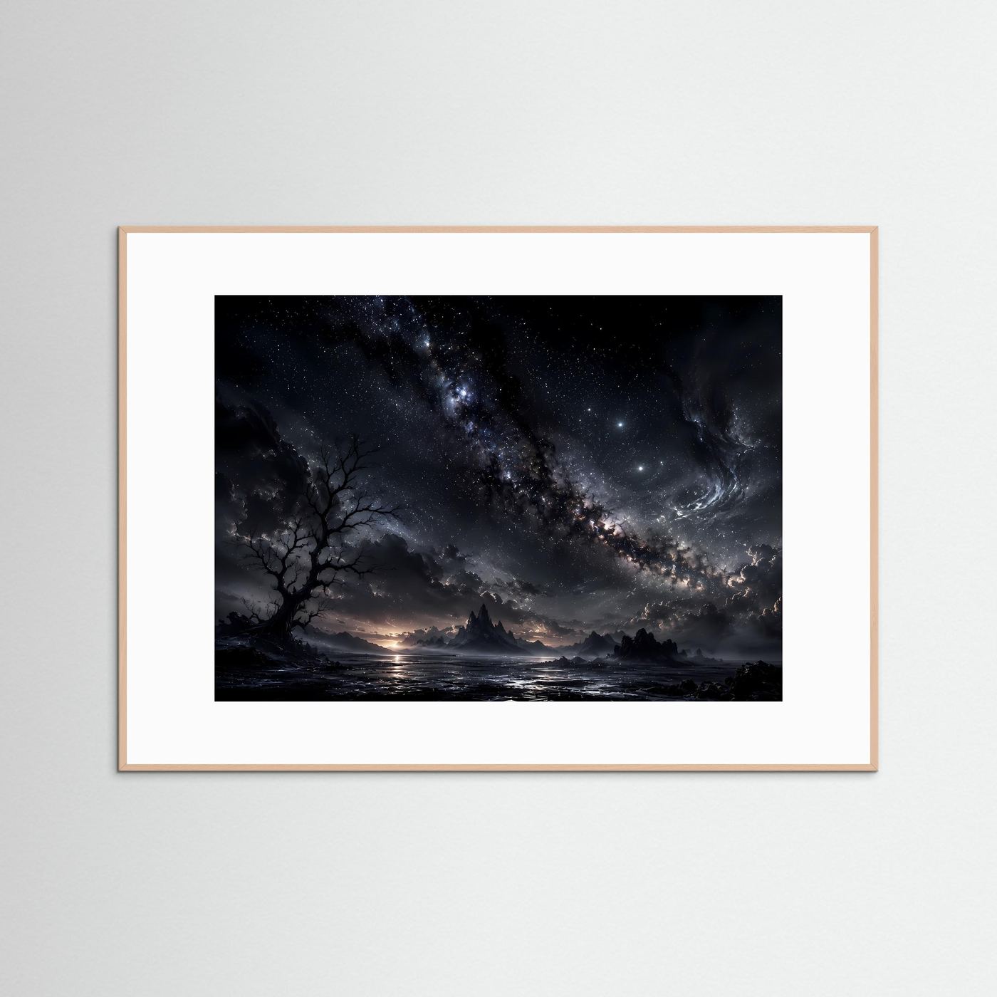Milchstraße Poster Schwarz Weiß | Mystischer Sternenhimmel Landschaft | Kosmische Nacht Wandbild | Fantasy Himmel | Moderne Himmelskunst