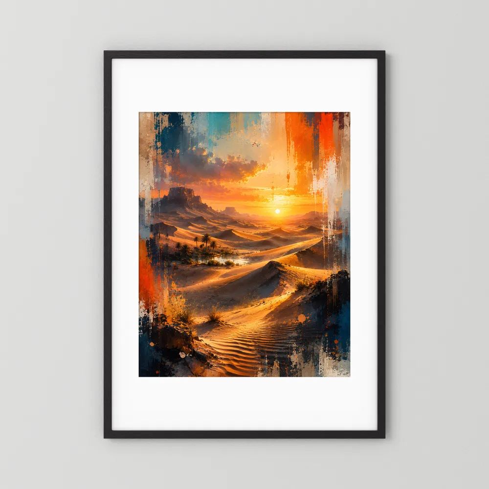 Hochformat-Poster mit schwarzem Rahmen und weißem Passepartout, abstrakte Oase