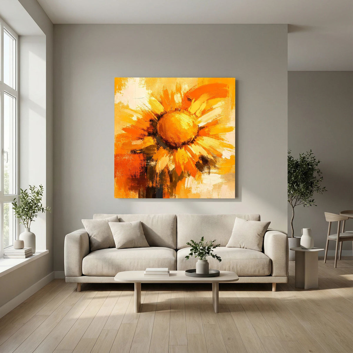Leinwand Abstraktes Sonnenblumen Gemälde | Modernes Florales Wandbild Gelb Orange