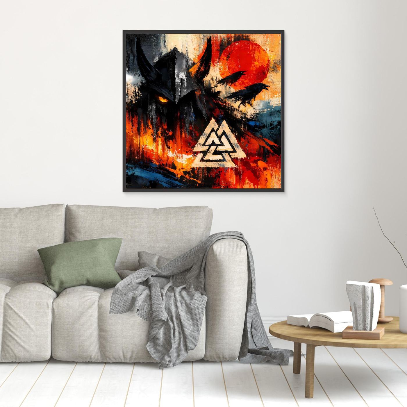 Kleines Leinwandbild im schwarzen Rahmen mit schwarzem Vogel, roter Sonne und Valknut-Symbol