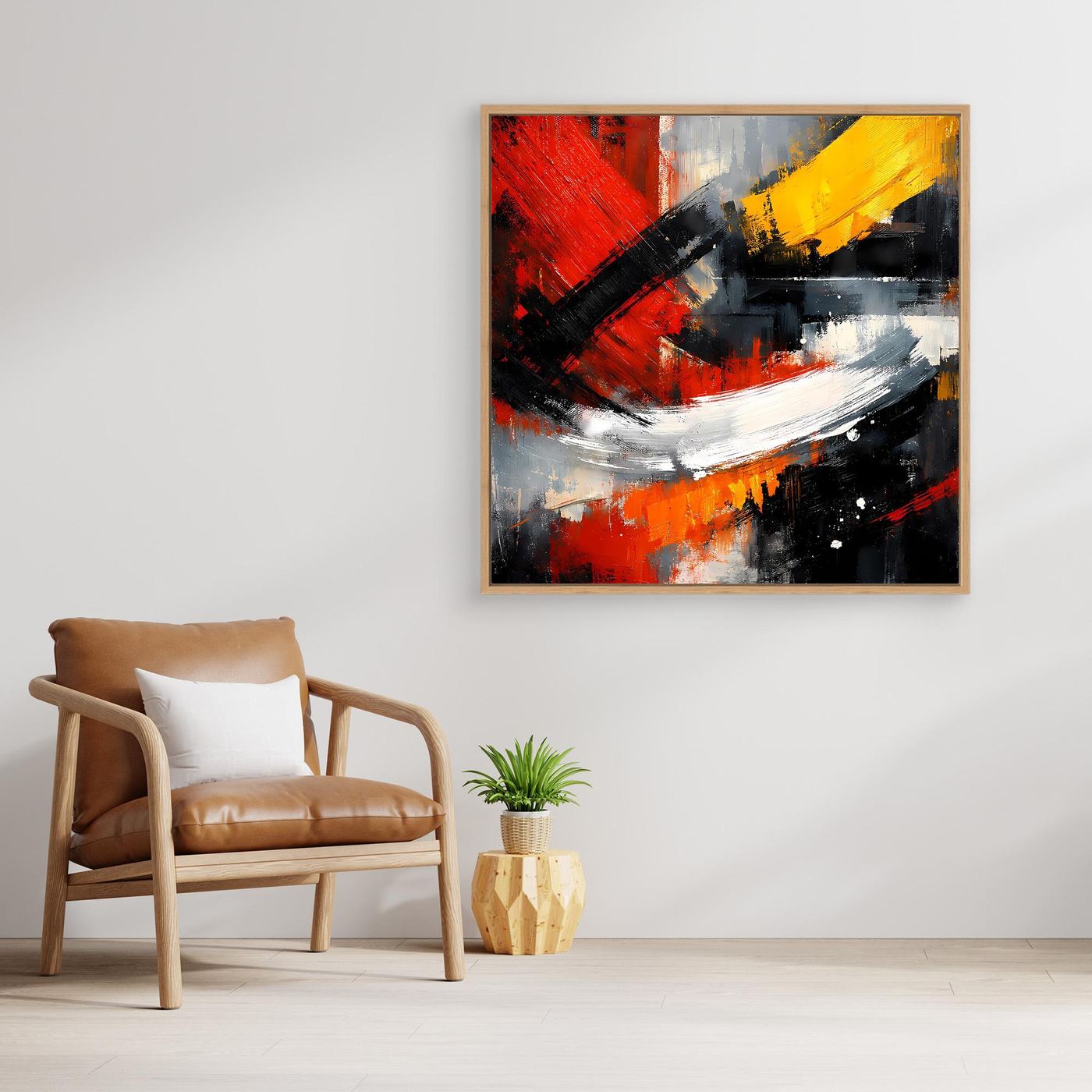 Quadratisches Leinwand-Wandbild mit Holzrahmen und abstrakter Komposition in Rot, Gelb, Schwarz
