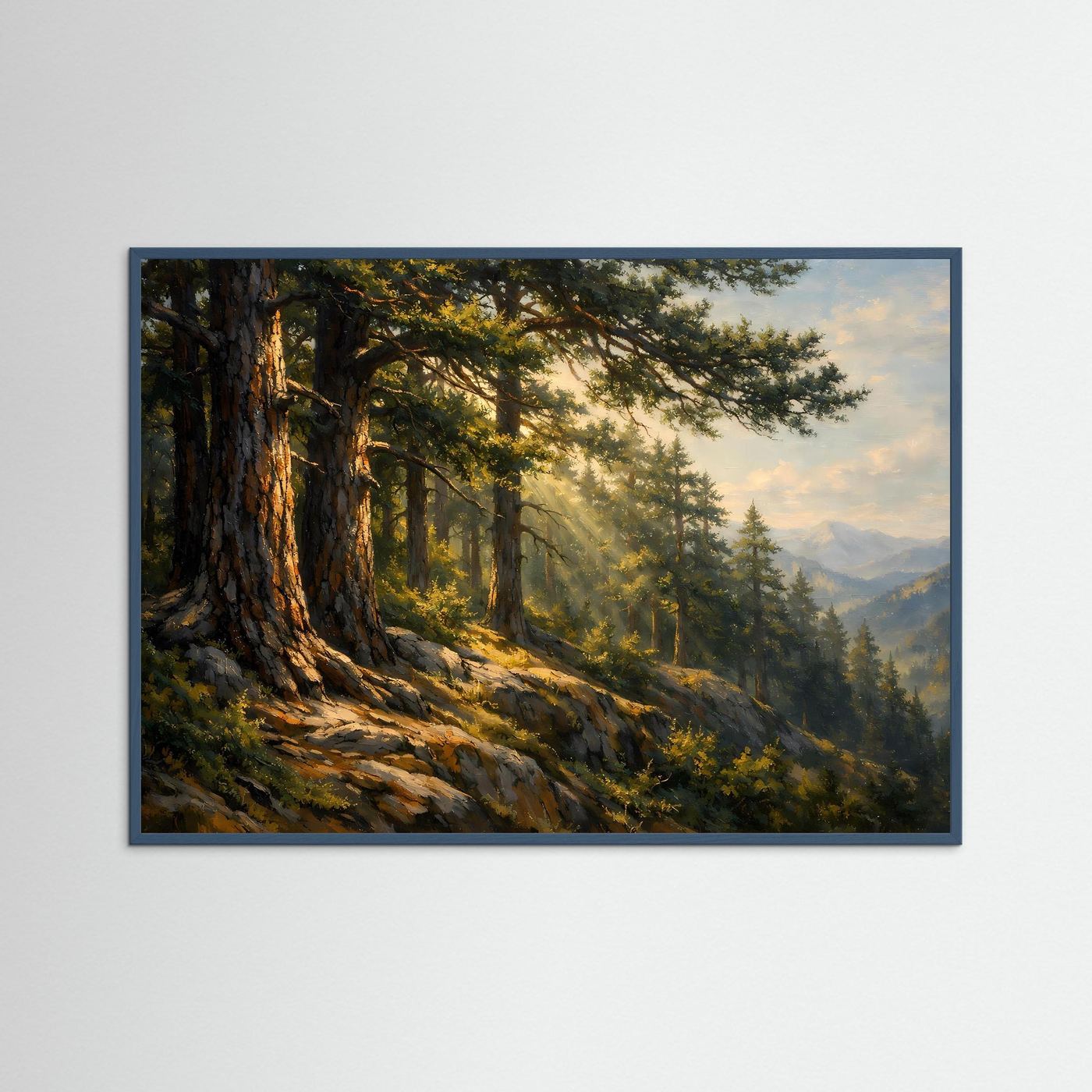Gerahmtes Wandbild mit Wald- und Bergmotiv, dunkler blauer Rahmen