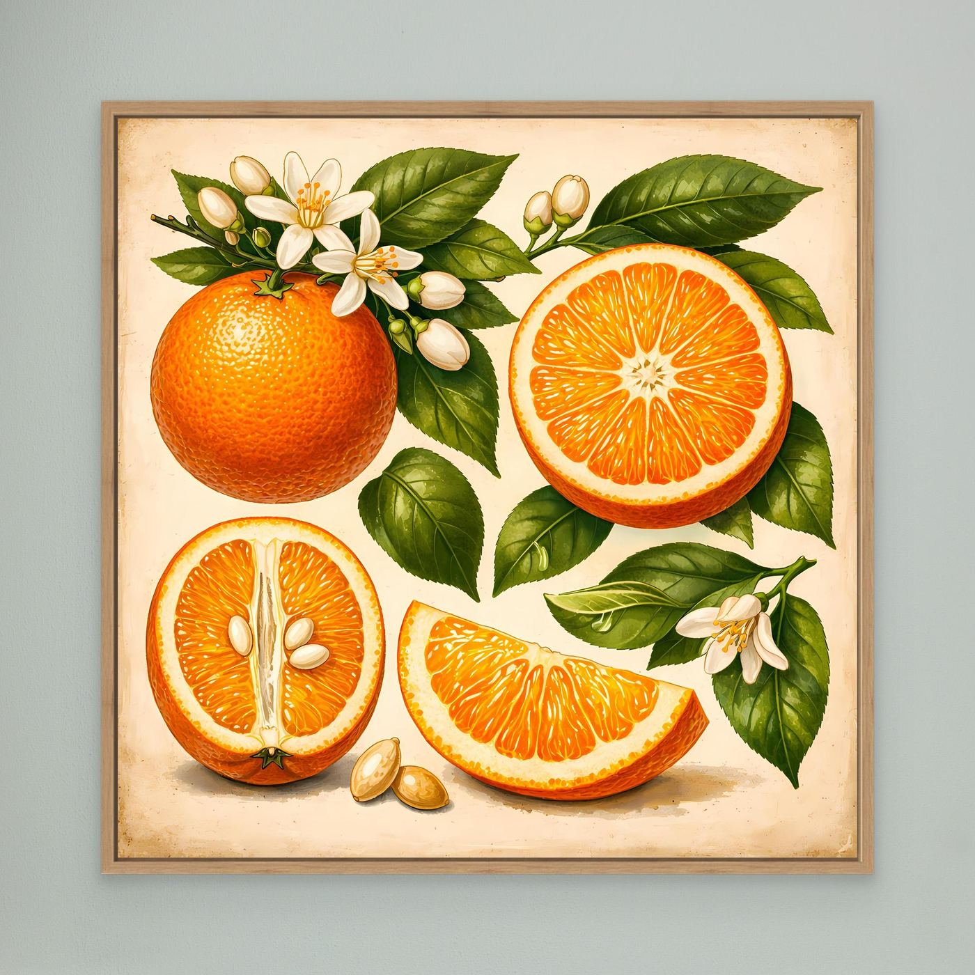 Gerahmtes Leinwandbild mit Orangen, Blättern und weißen Blüten, brauner Holzrahmen