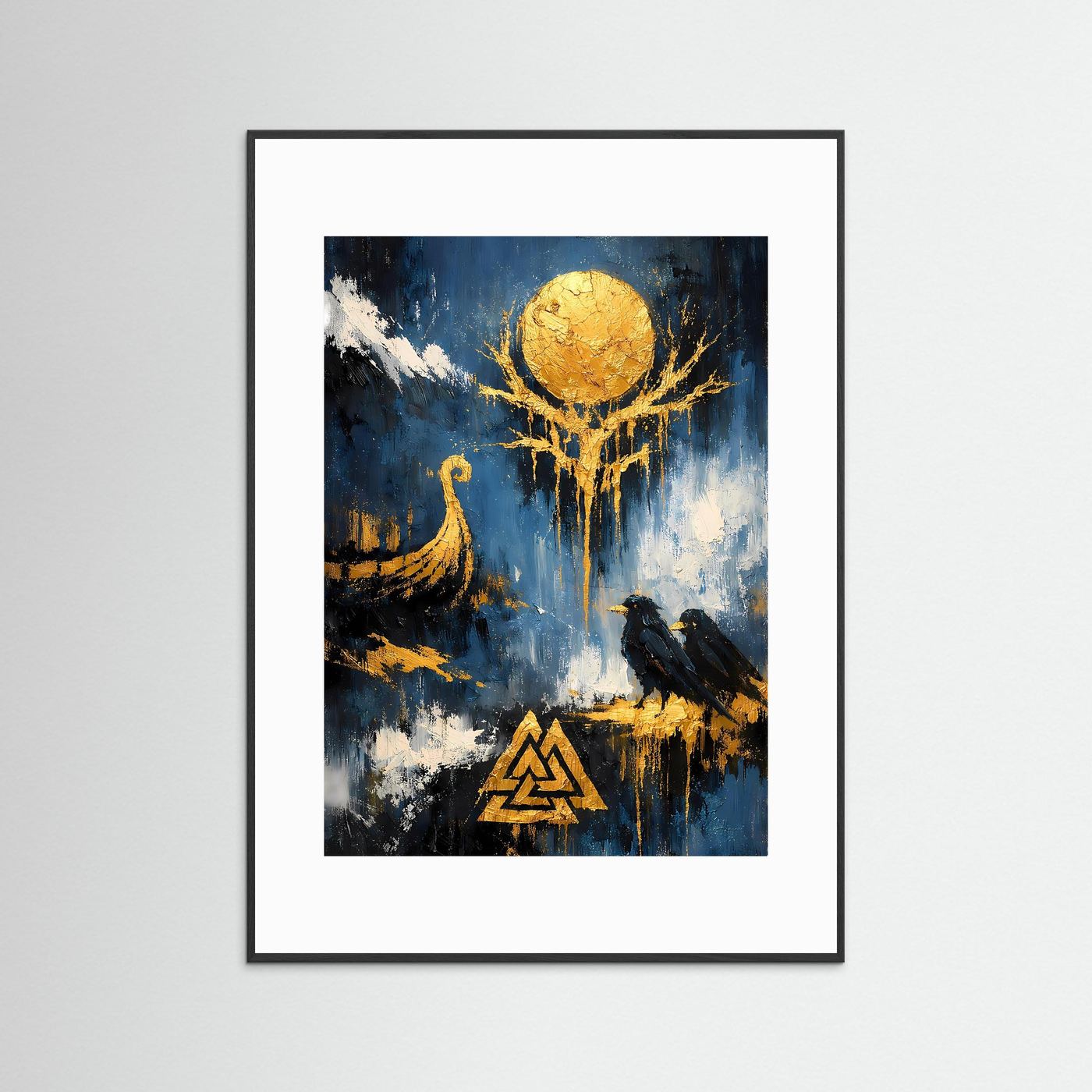 Kunstposter im schwarzen Rahmen mit weißem Passepartout, abstrakt blau mit Sonne und Rabenmotiv