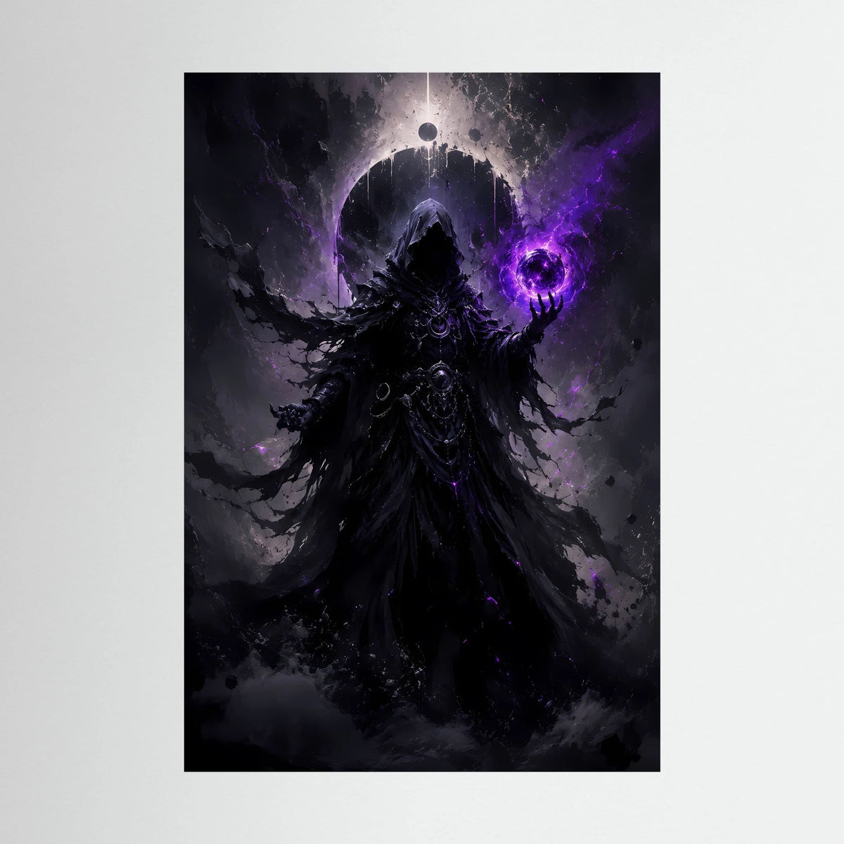 Fantasy-Poster: dunkler Magier mit violetter Energie, Hochformat