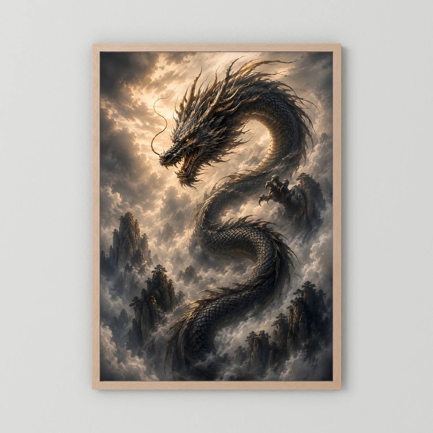 Drachenposter mit schwarzem Drachen über Wolkenbergen im Hochformat, brauner Rahmen