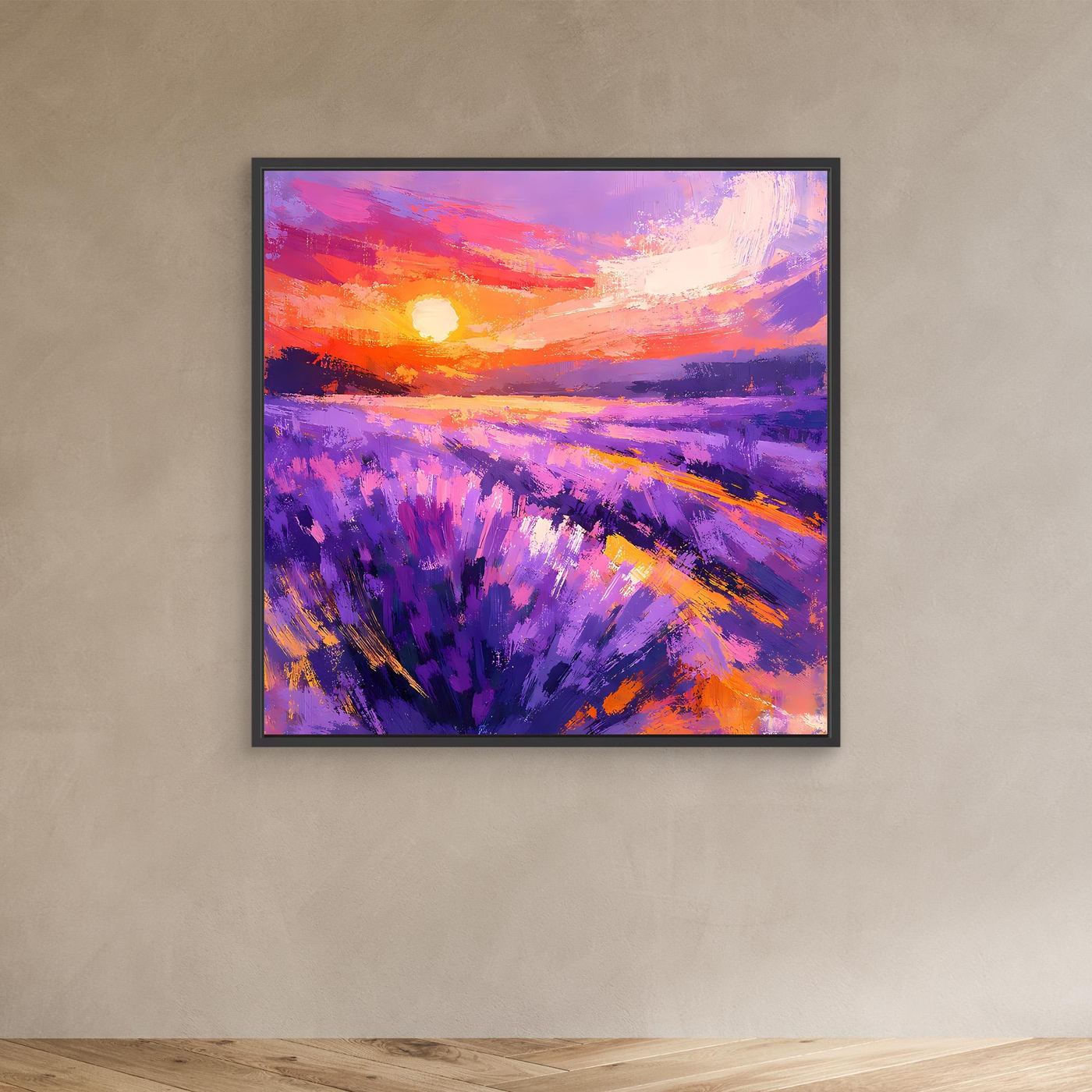 Abstract lavender field sunset canvas wall art with dark frame and purple brushstrokes