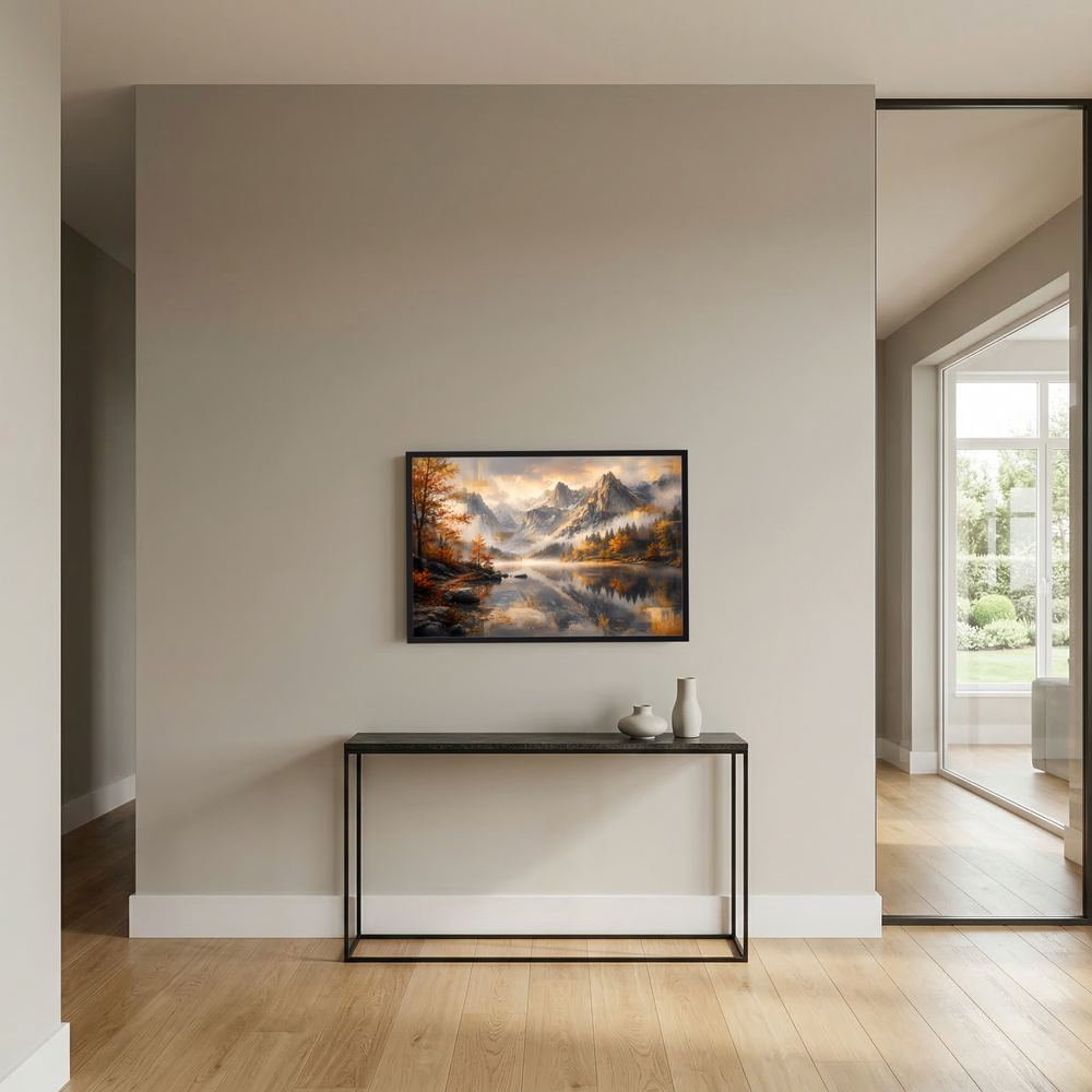 Kleines Wandposter: Bergsee-Landschaft im schwarzen Rahmen