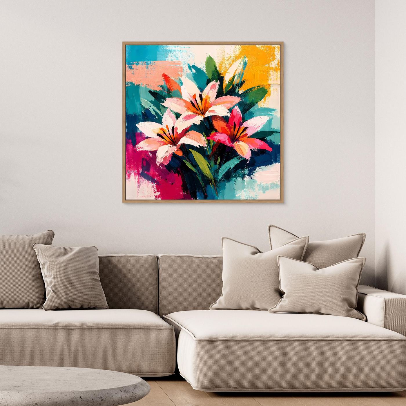 Abstract lily canvas wall art with colorful bouquet, gold frame