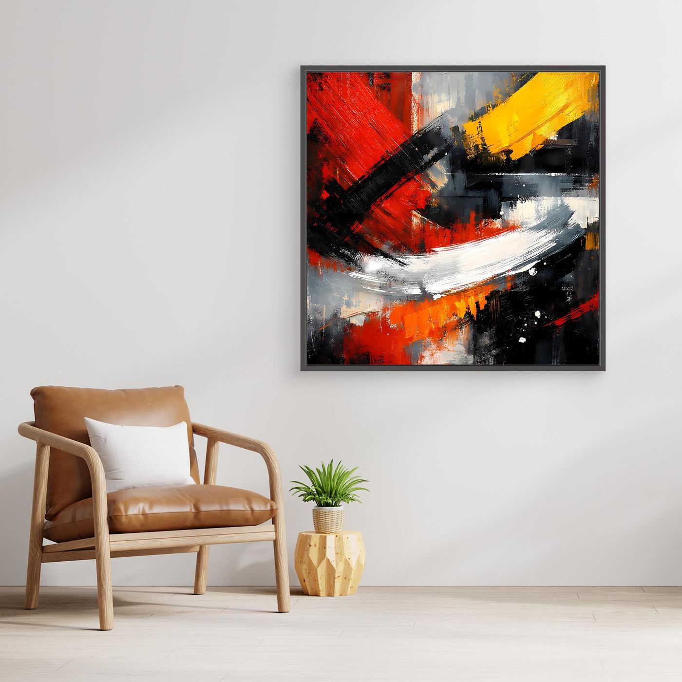 Quadratisches Leinwand-Wandbild mit Holzrahmen, abstrakte Farbmischung aus Rot, Gelb und Schwarz