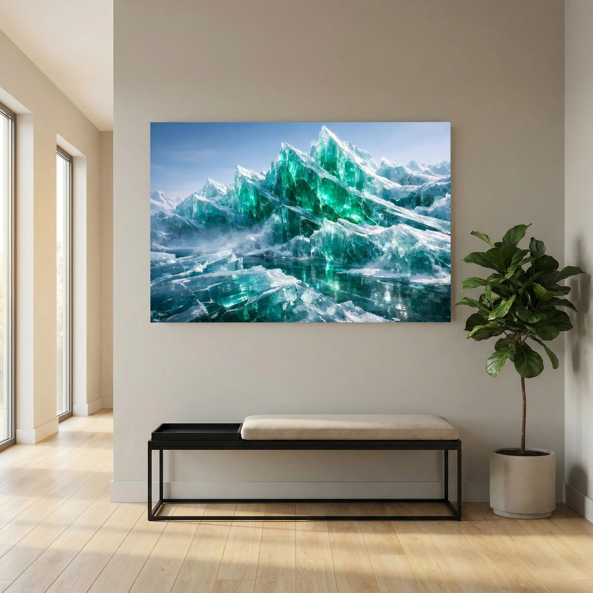 Wandposter mit smaragdgrünen Eisbergen, Querformat, an weißer Wand