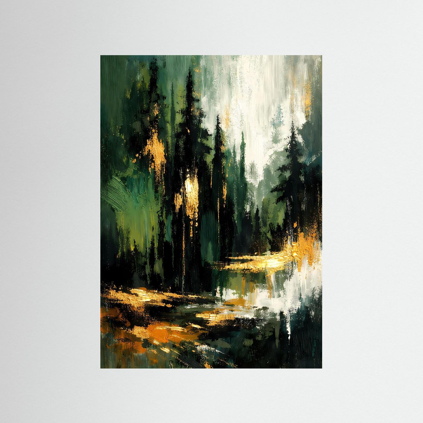 Hochformatiges Poster mit abstraktem Tannenwald, smaragdgrün und goldenen Lichtakzenten