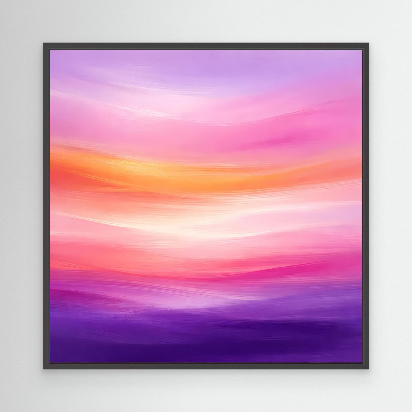 Abstraktes Leinwandbild mit Horizont in Pastellfarben (Abendrot, Violett/Pink) im schwarzen Rahmen