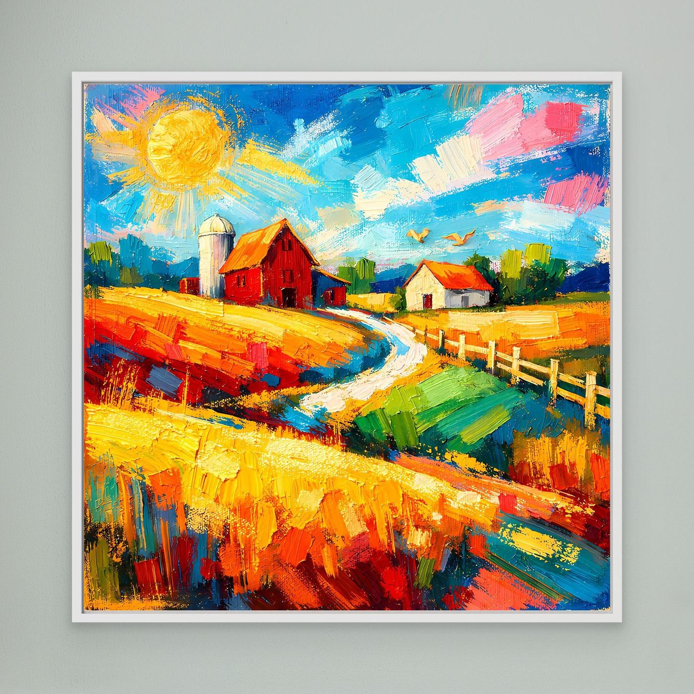 Leinwandbild mit roter Scheune, Feldweg und gelber Sonne, bunt gemalt, weiß gerahmt