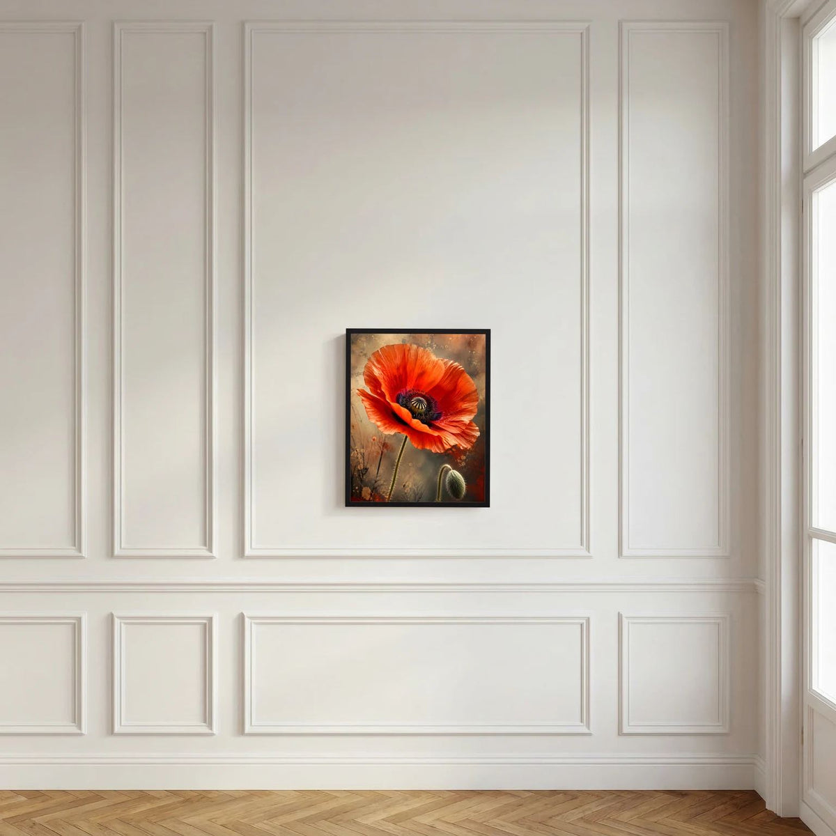 Gerahmtes Poster (Hochformat) mit roter Mohnblüte, schwarzer Rahmen