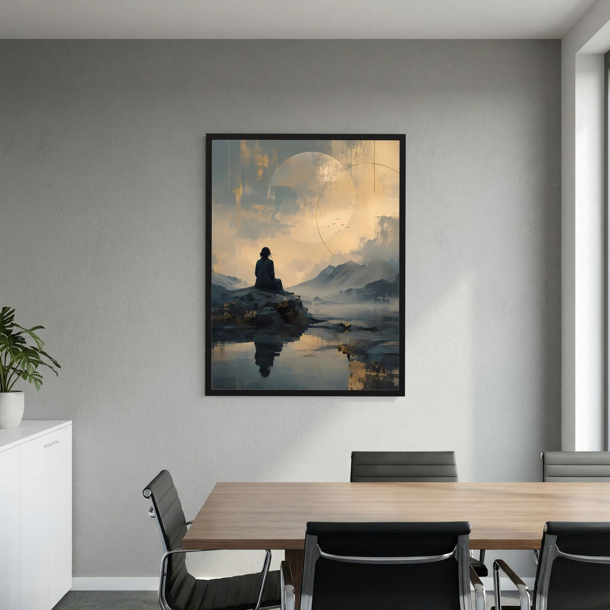 Wandposter hochkant: Silhouette im Lotussitz, Wasserreflexion und wolkiger Himmel