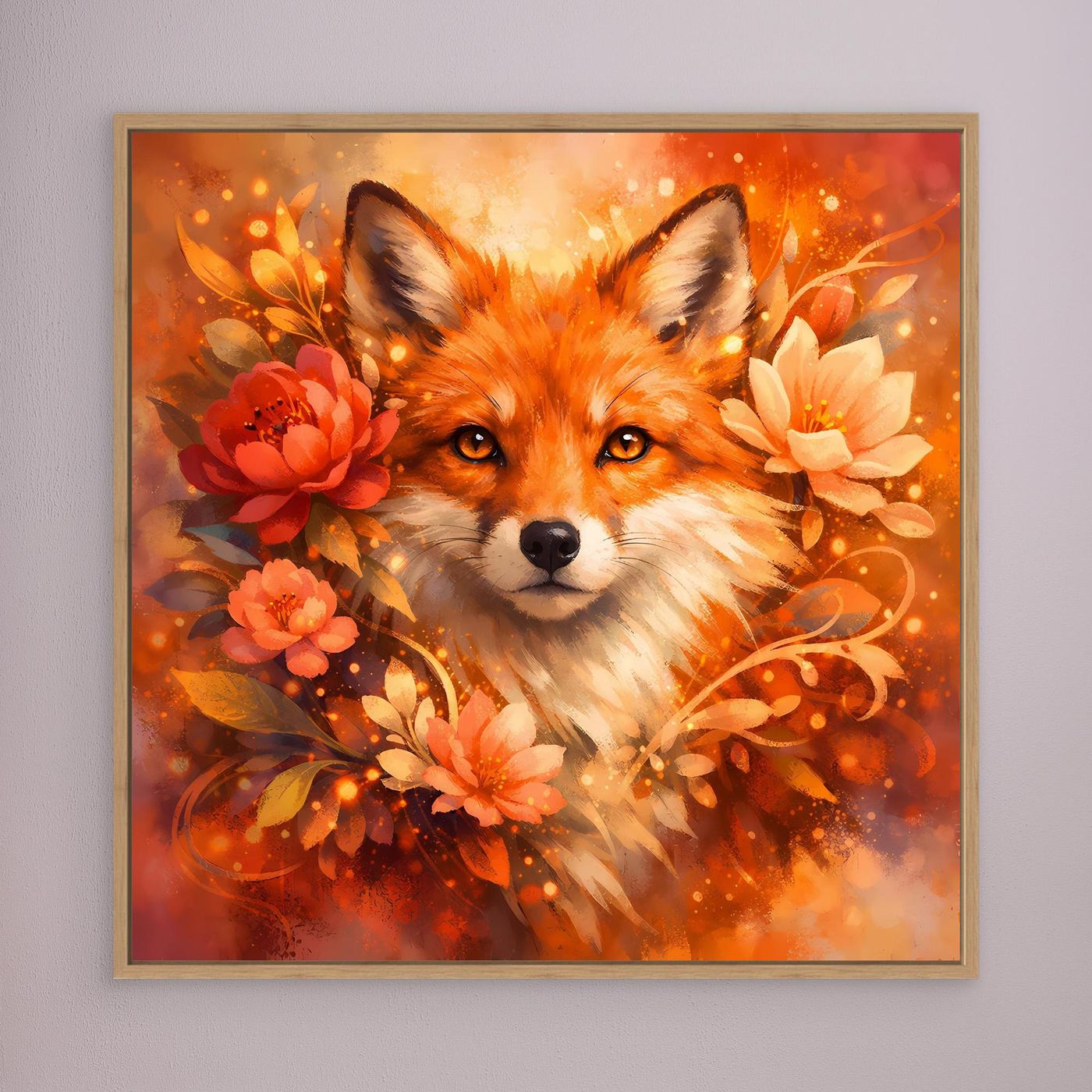 Quadratisches Leinwandbild mit Fuchs-Motiv und Blumenkranz im Orangeton, Holzrahmen