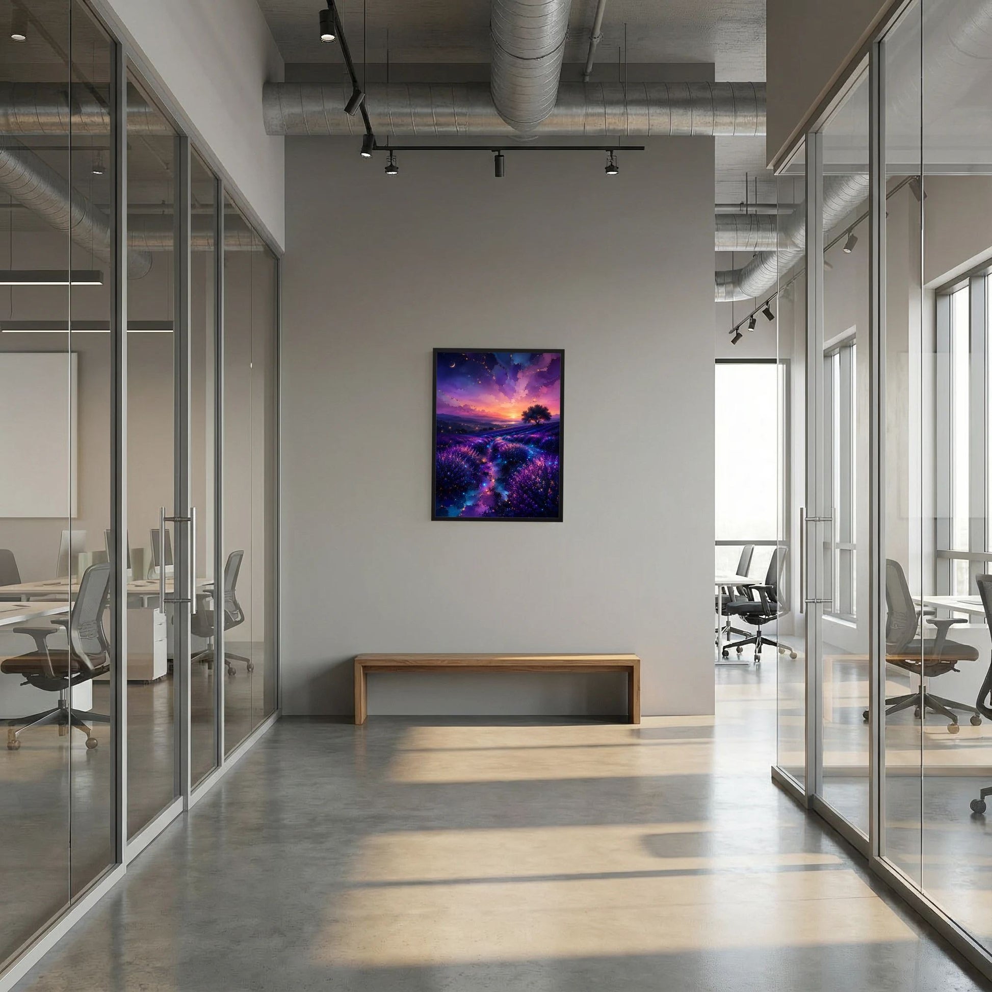 Hochformatiges Poster im dunklen Rahmen mit Lavendelfeld in Violett und Sonnenuntergangshimmel