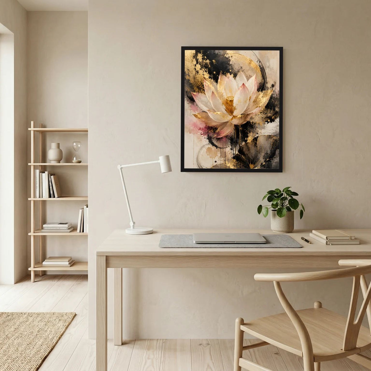 Lotusblumen-Poster im schwarzen Rahmen: abstrakte Lotusblüte in Creme und Gold mit dunklen Sprenkeln