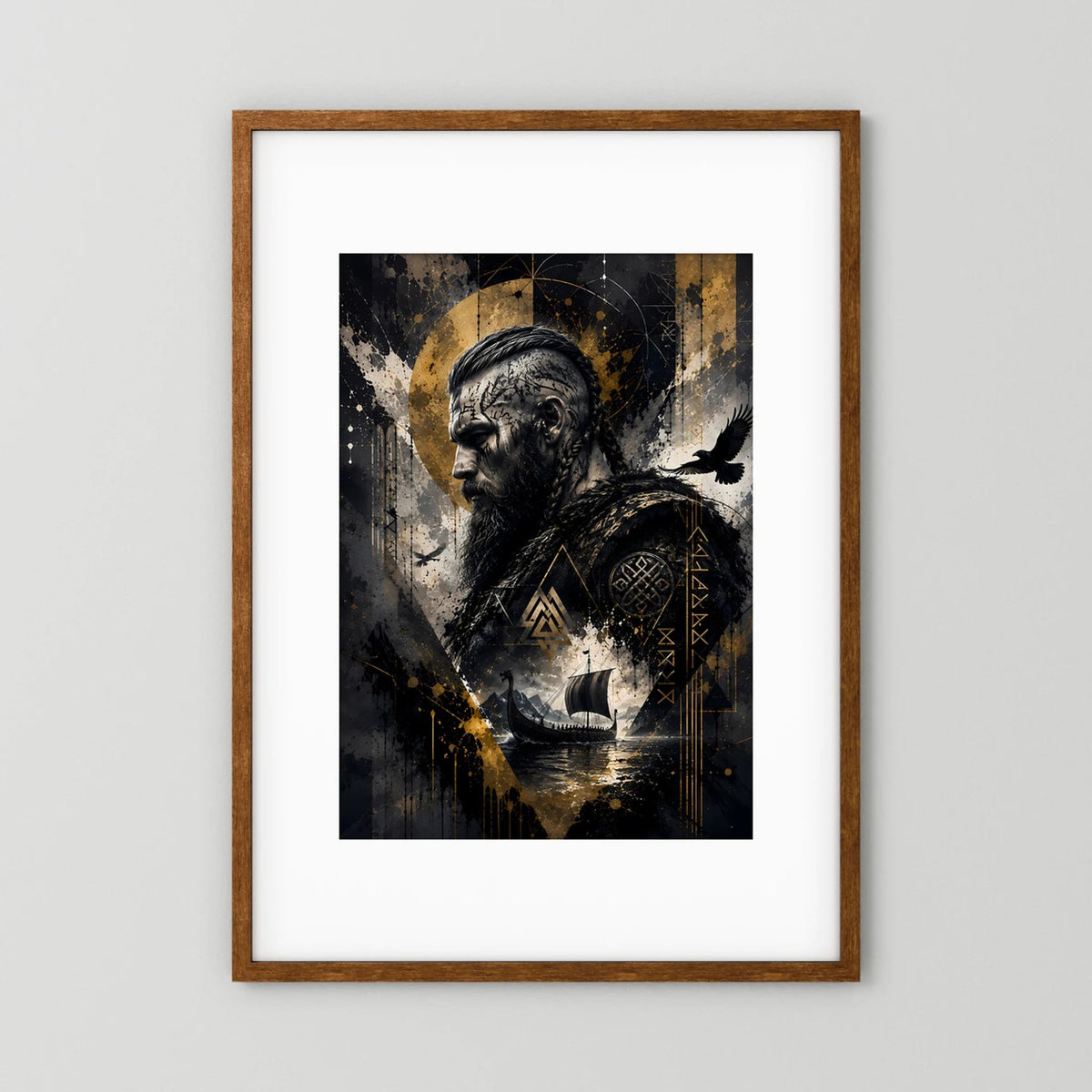 Gerahmtes Hochformat-Poster mit Wikingerkrieger-Profil, Rabe und Langschiff-Grafik
