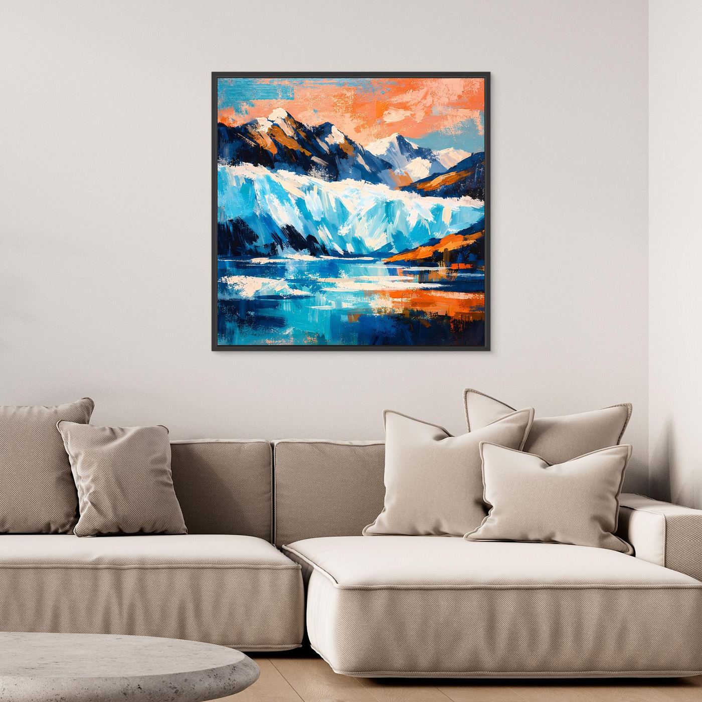 Schwarzer Rahmen: Leinwand-Wandbild mit Gletscher- und Bergabstraktion, türkisblauem Wasser, Orange.