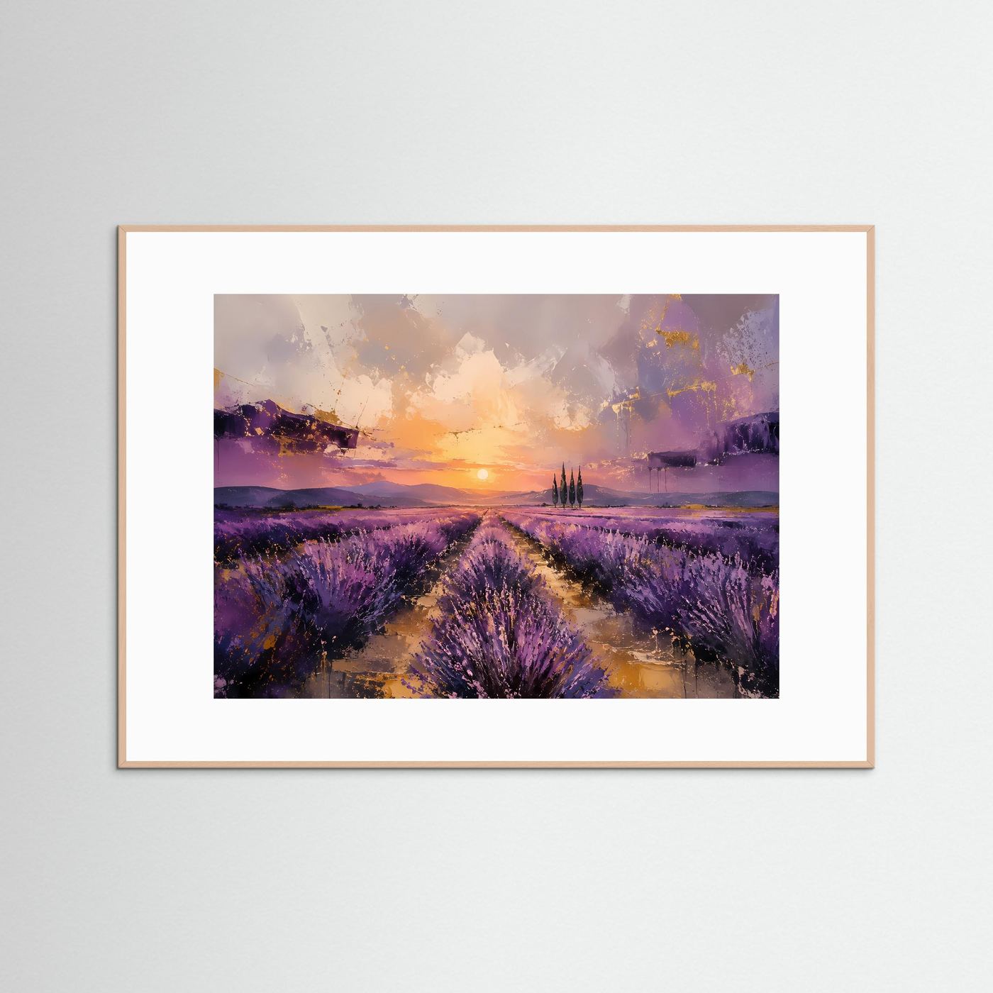 Provence im Abendlicht | Abstraktes Lavendelfeld & Sonnenuntergang Poster im Querformat