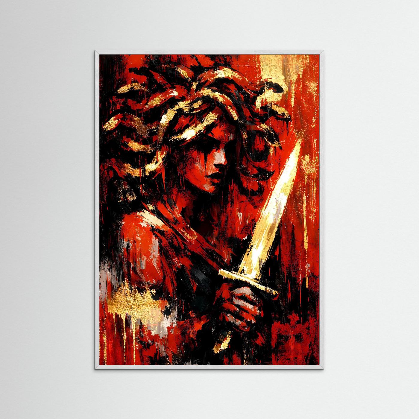 Hochformat-Kunstposter im weißen Holzrahmen: abstraktes Frauenporträt, Rot, Gold, Schwarz