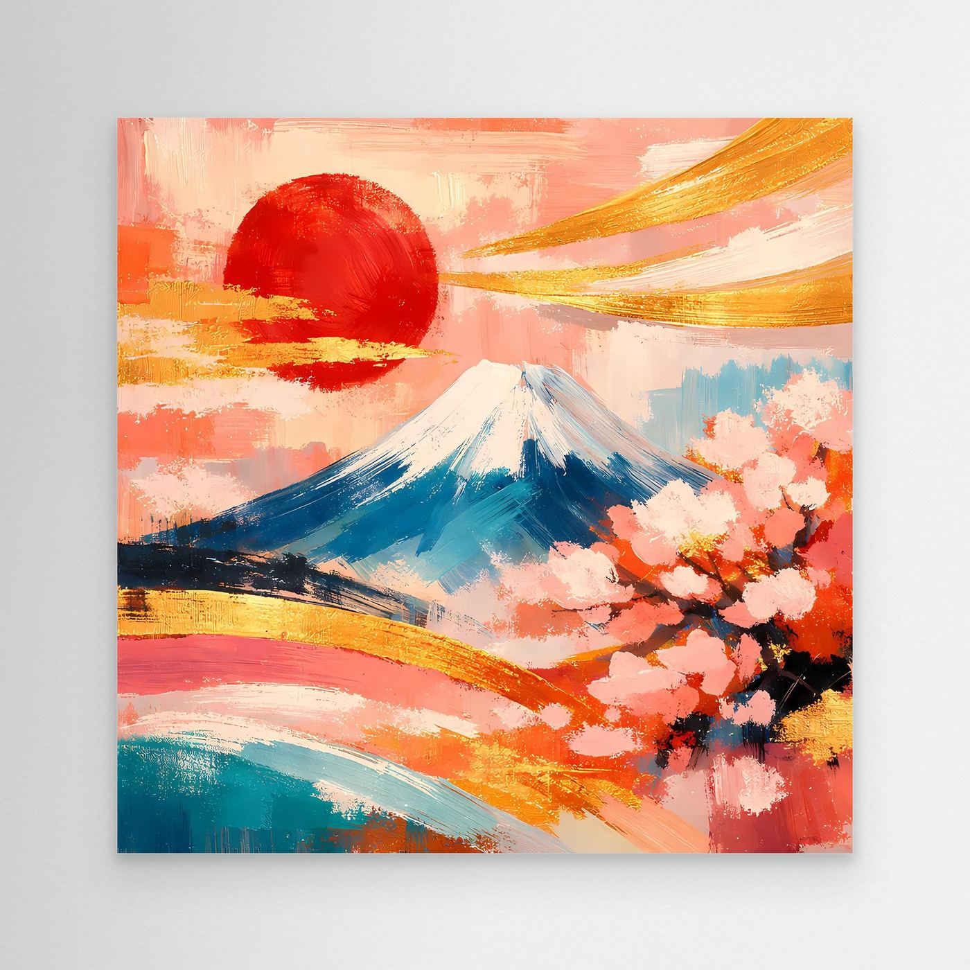 Leinwandbild mit Berg Fuji und Kirschblüten, abstraktes Sonnenmotiv in Rot und Blau