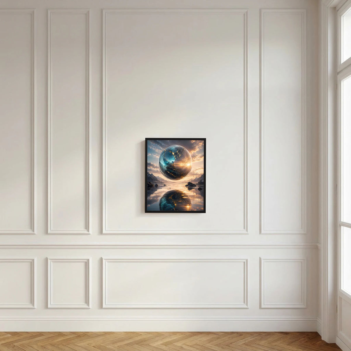 Schwarz gerahmtes Hochformat-Poster mit Erdkugel in Blau/Gold und Spiegelbild im Wasser