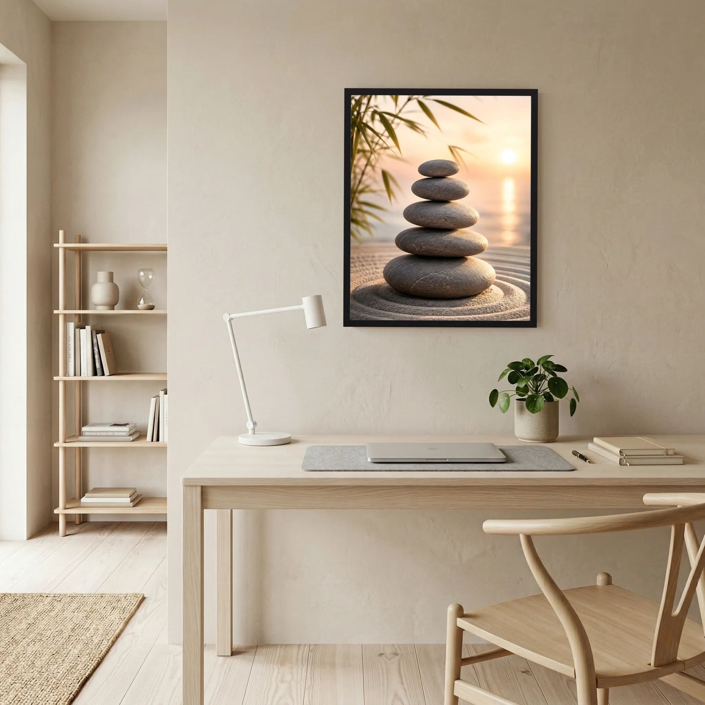 Schwarz gerahmtes Kunstposter im Hochformat mit Stapel dunkler Steine vor Sonnenuntergang