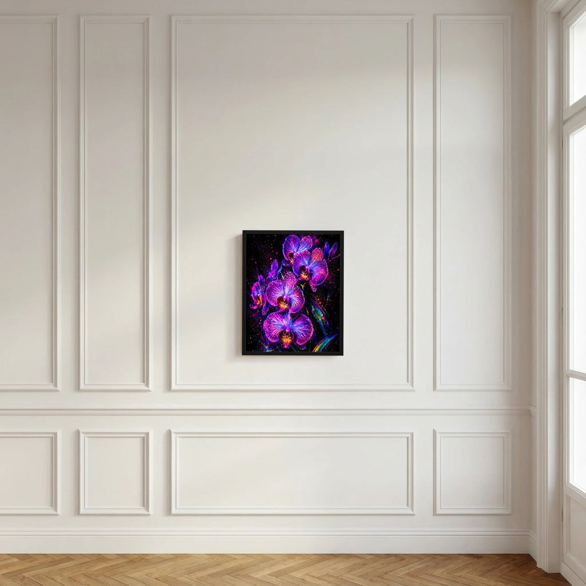Neon-Orchideen-Blumenposter mit schwarzem Rahmen an weißer Wand, leuchtende Pink- und Violettblüten