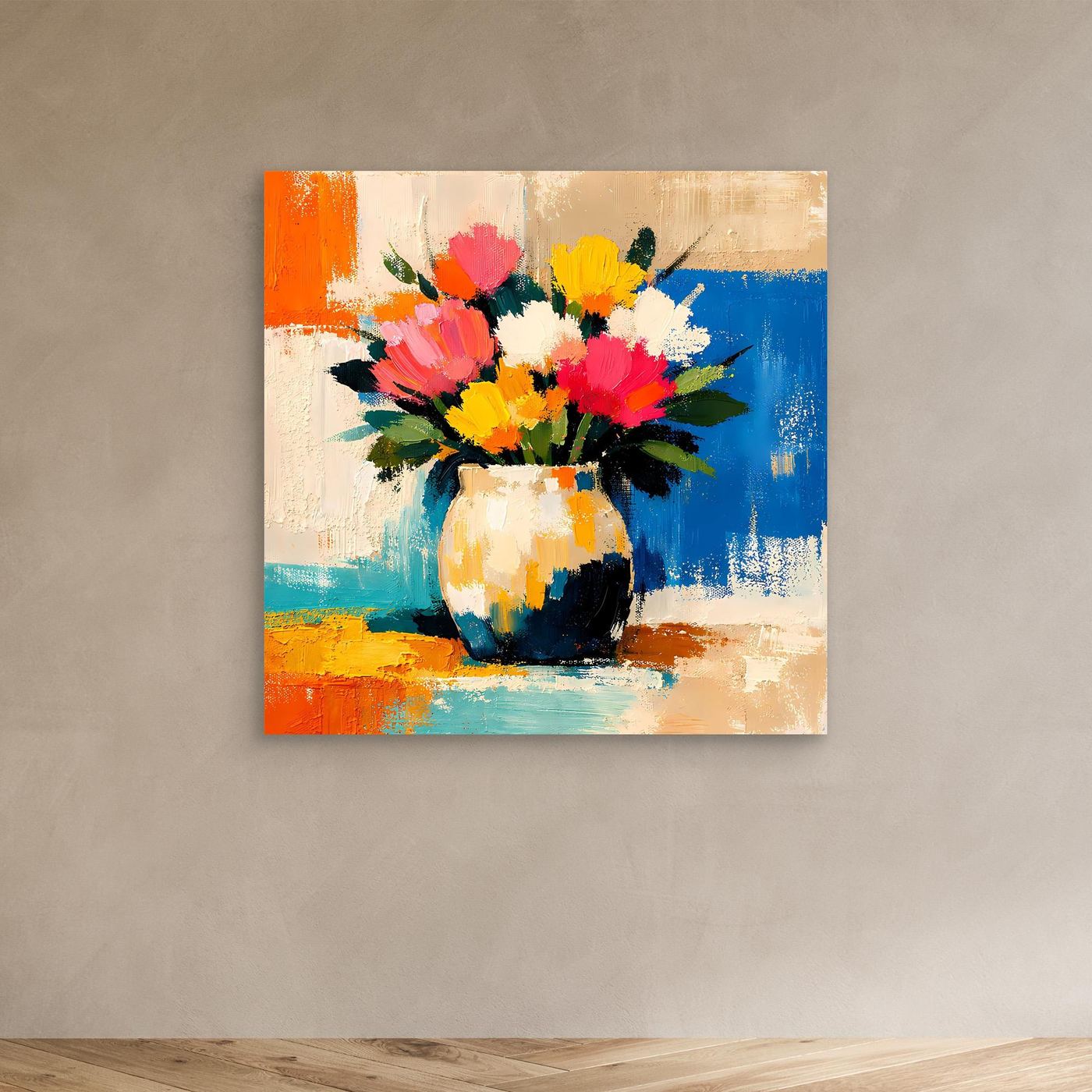 Unframed canvas wall art of multicolor bouquet in a vase with bold brushstrokes