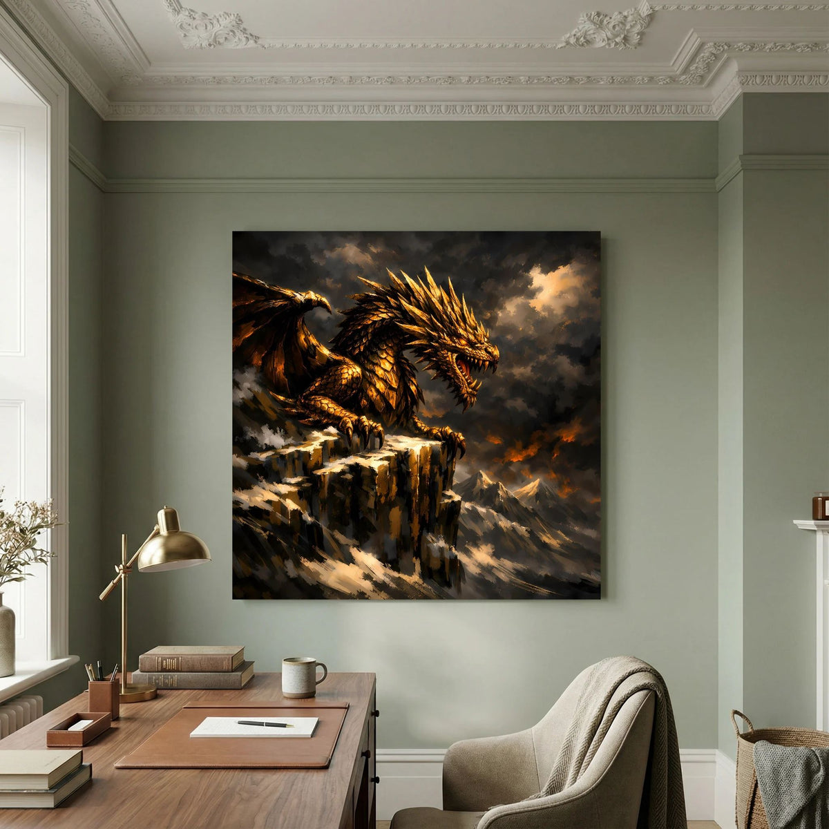 Fantasy-Wandbild mit goldenem Drachen auf Felsgipfel, dramatischer Himmel, auf Keilrahmen