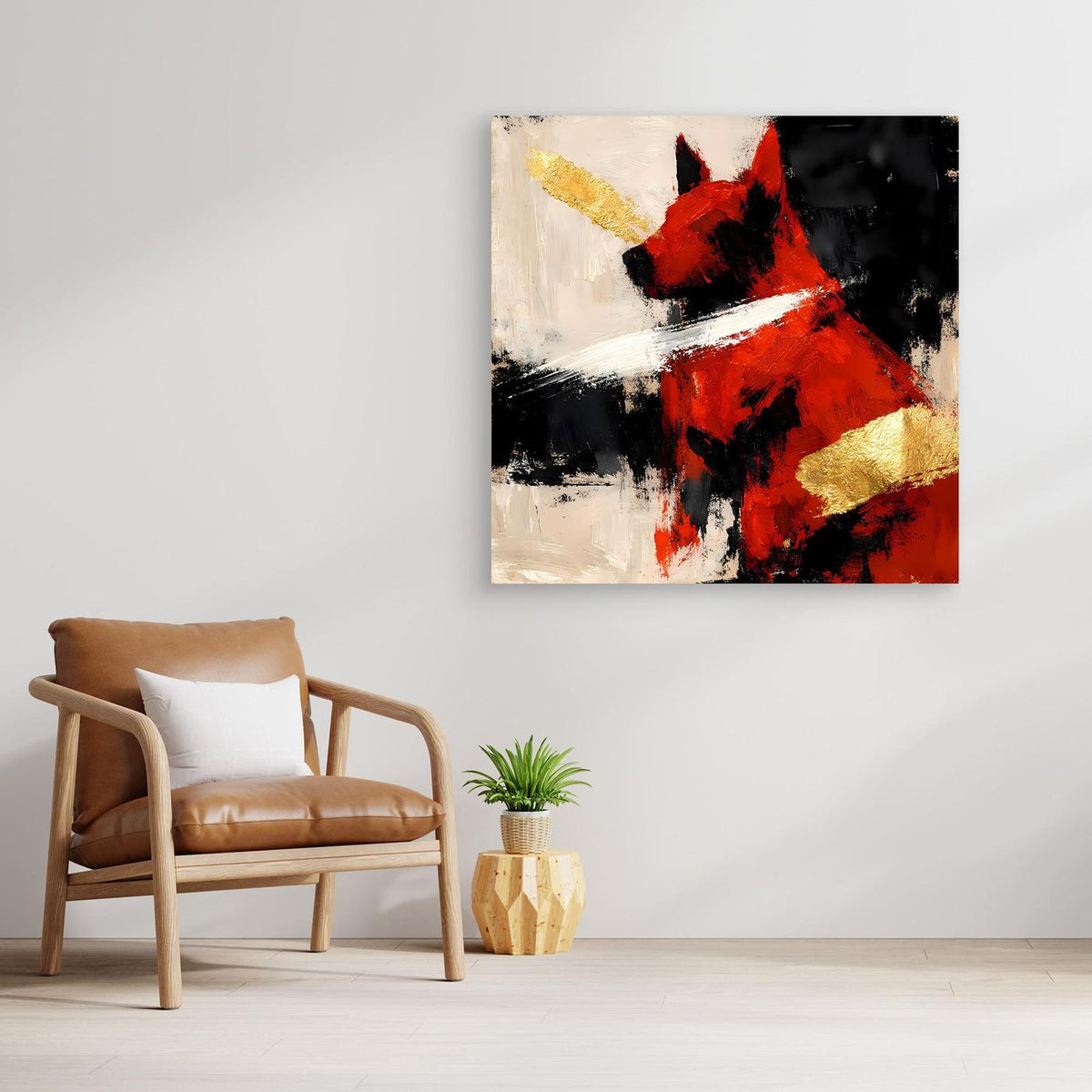 Abstraktes Leinwand-Wandbild eines Hundes in Rot und Gold, randlos