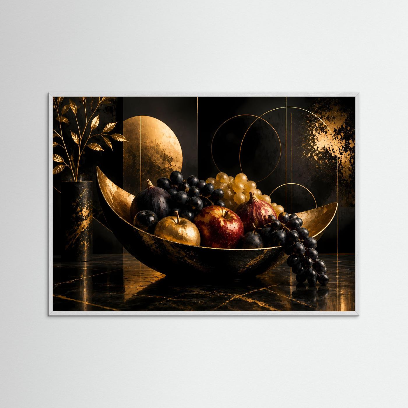 Poster Querformat mit schwarzer Obstschale, Trauben und Früchten; naturfarbener Rahmen