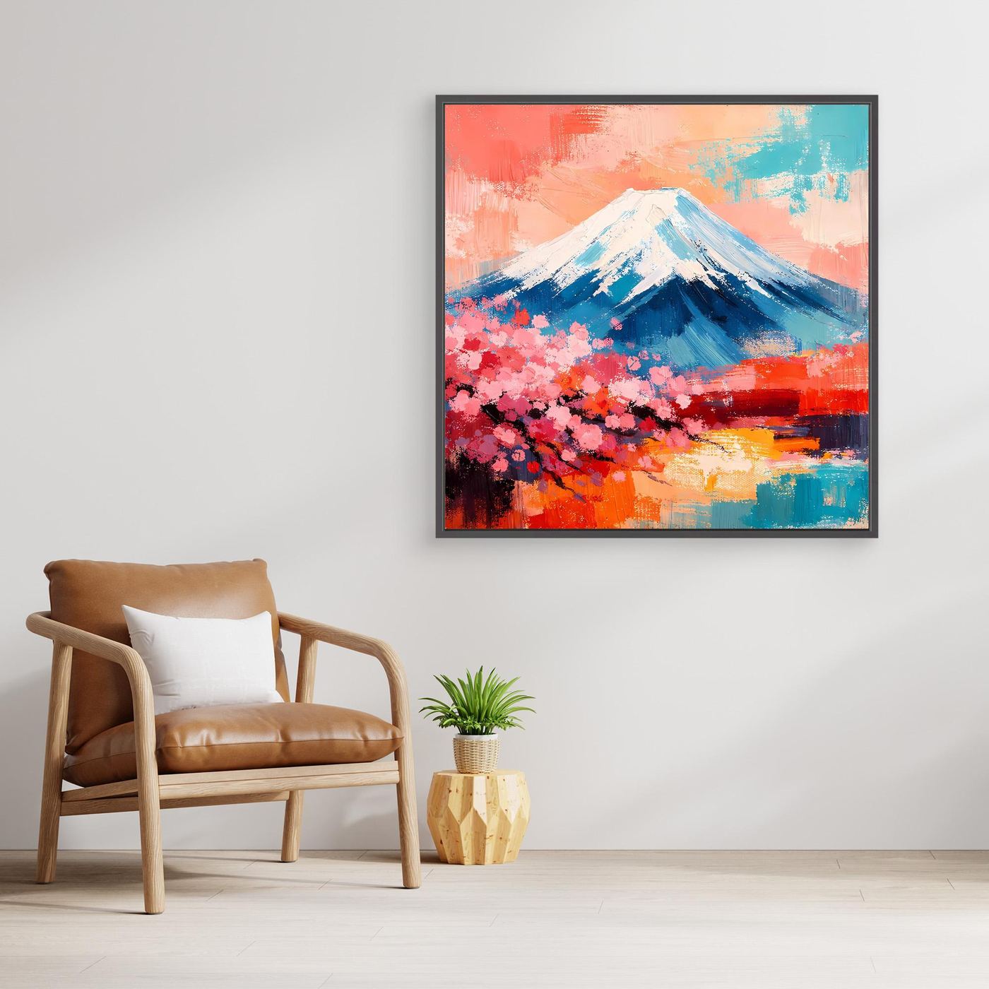 Gerahmtes Leinwand-Wandbild: abstrakter Fuji mit rosa Kirschblüten, blauem Gipfel und bunten Flächen.