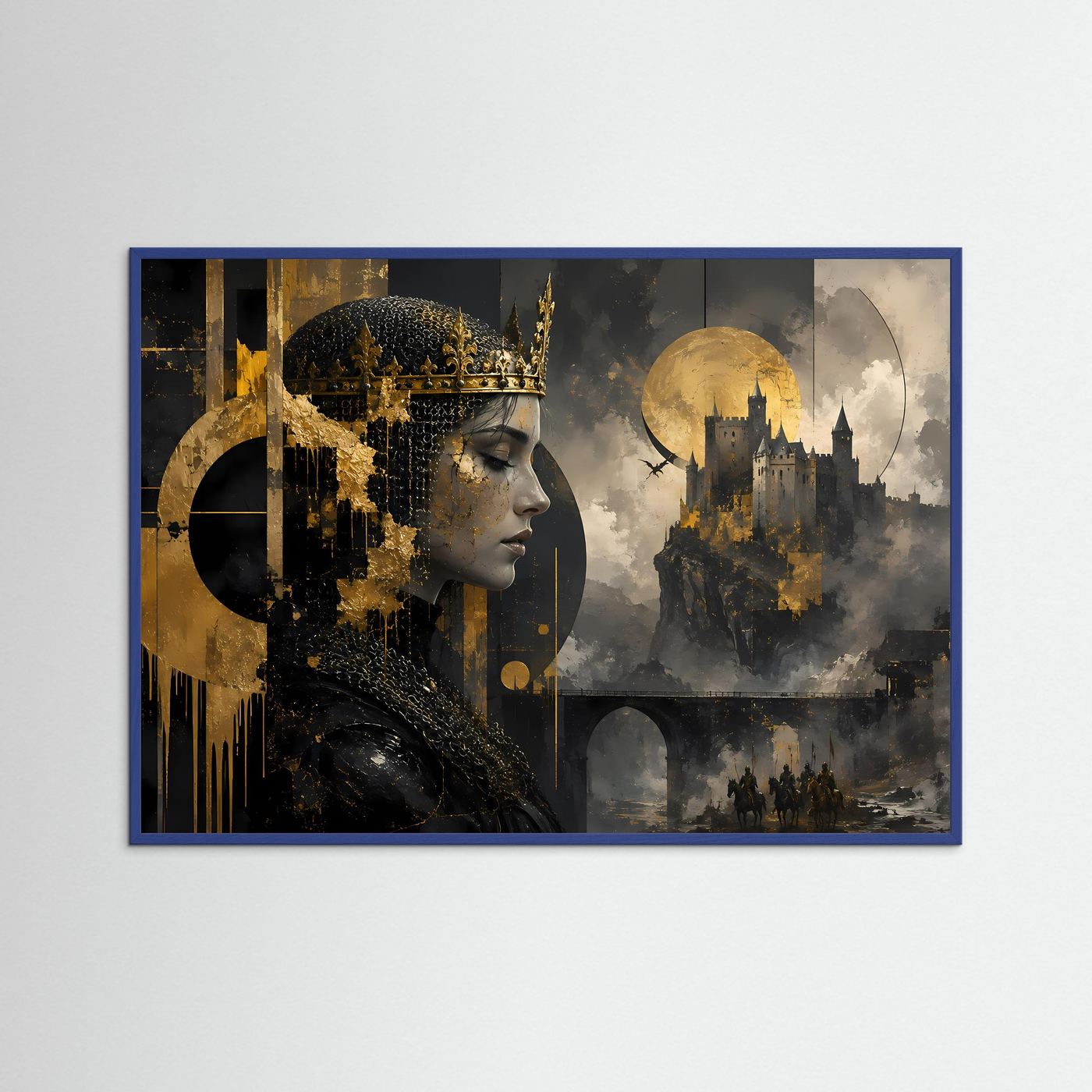 Mittelalterliche Königin vor Burg | Mystische Fantasy-Kunst in Schwarz & Gold