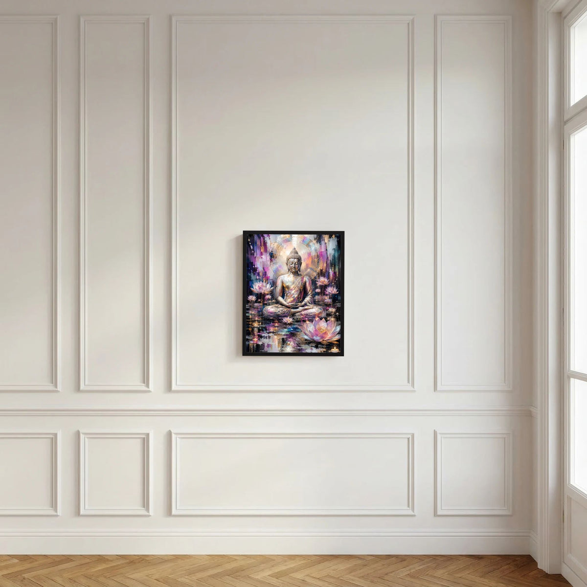 Wandbild-Poster mit sitzendem Buddha und Lotusblüten in Gold-, Rosa- und Blautönen