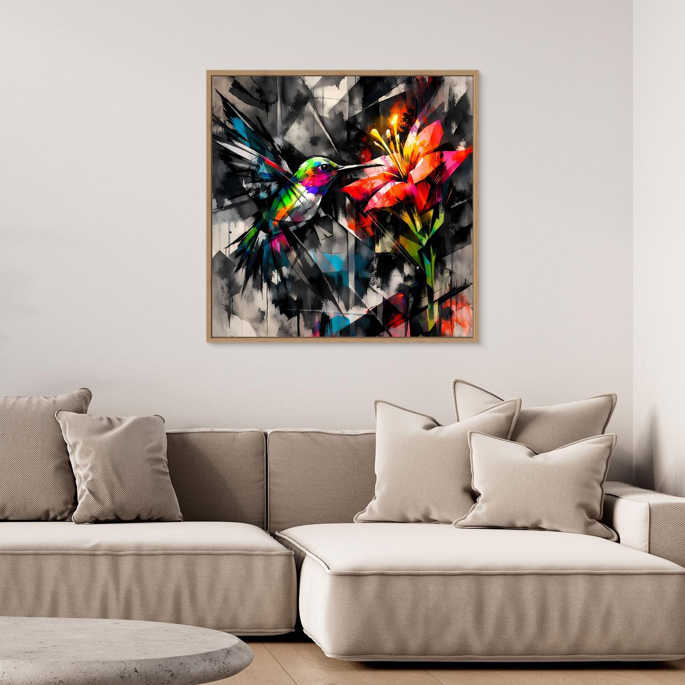 Leinwandbild Farbintensiver Kolibri | Abstraktes Geometrisches Wandbild auf Keilrahmen