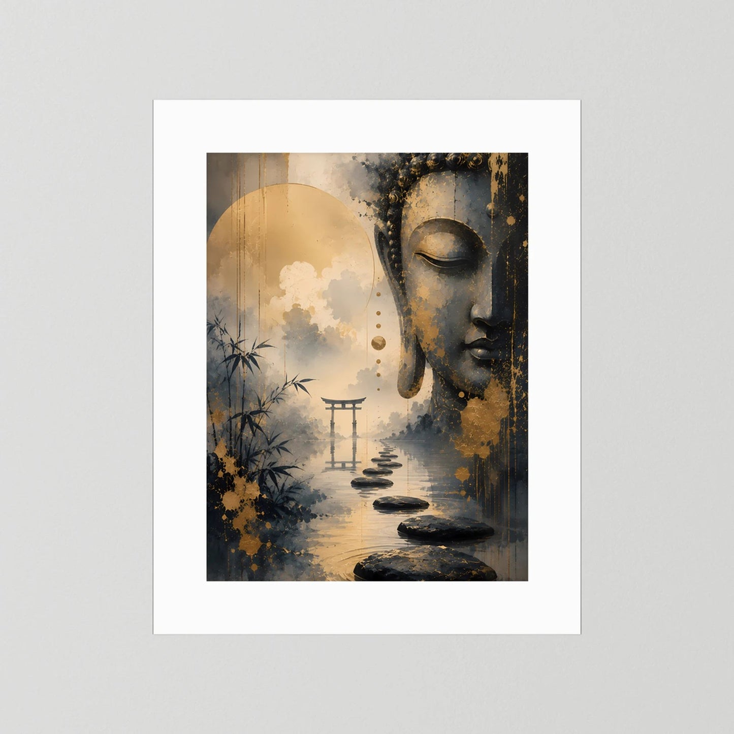 Poster im Hochformat mit Buddha-Gesicht in Gold-Schwarz, weißer Rand ohne Rahmen