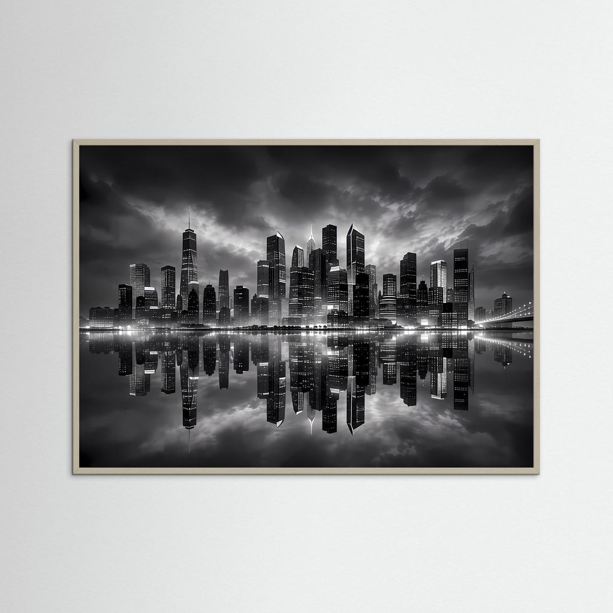 Stadtbild-Poster in Schwarzweiß mit Skyline und Reflexion; heller Rahmen.