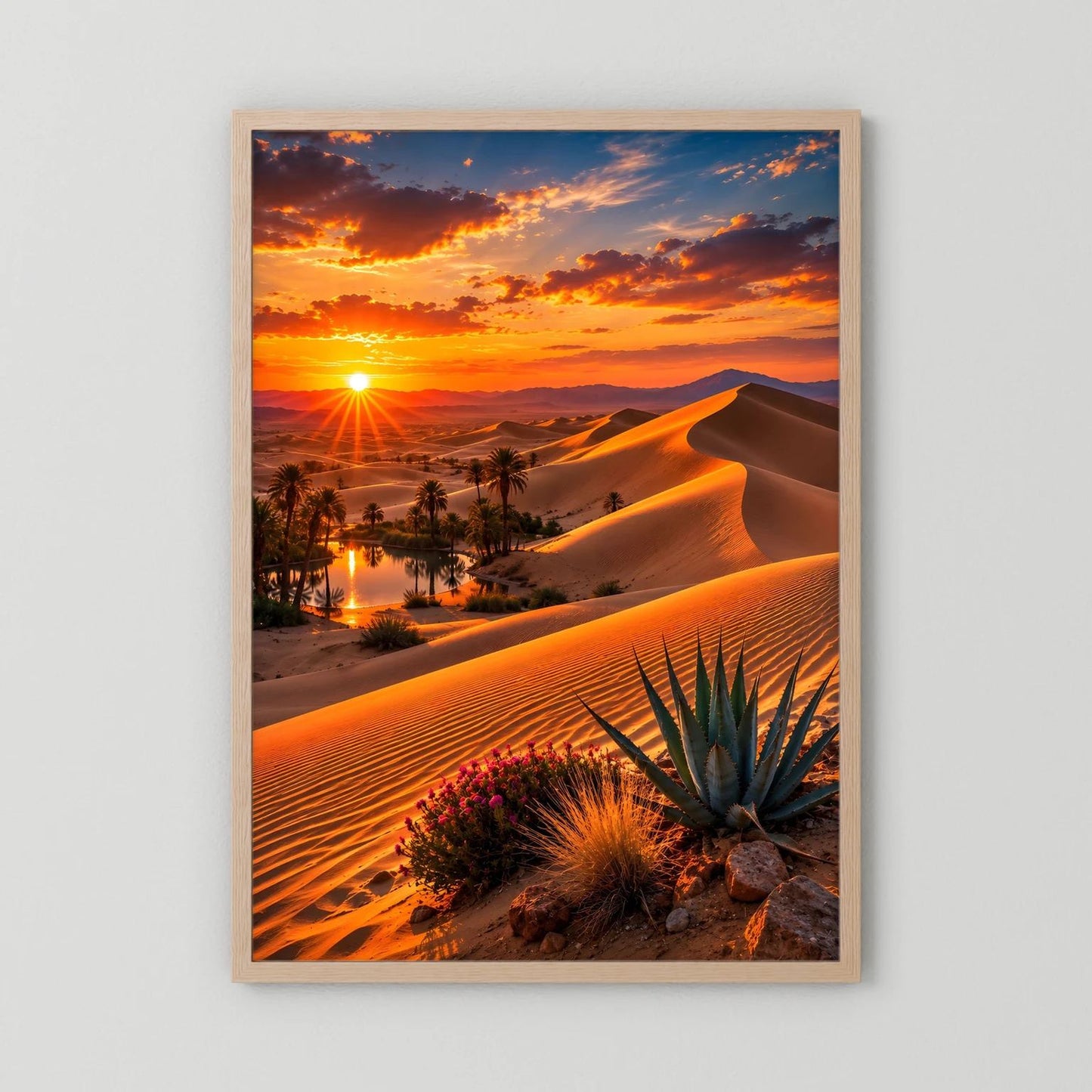 Hochformatiges Wüstenlandschafts-Poster mit Sonnenuntergang, hellbrauner Holzrahmen