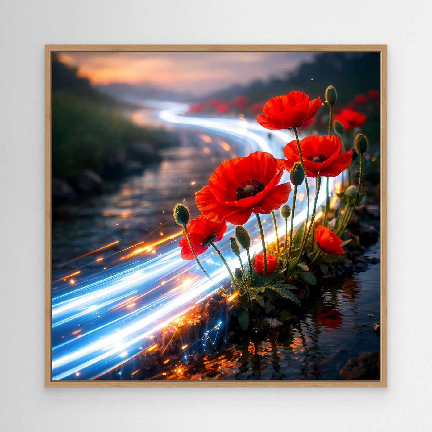Leinwandbild: rote Mohnblumen am Bachlauf mit blauen Lichtspuren im Eichenrahmen