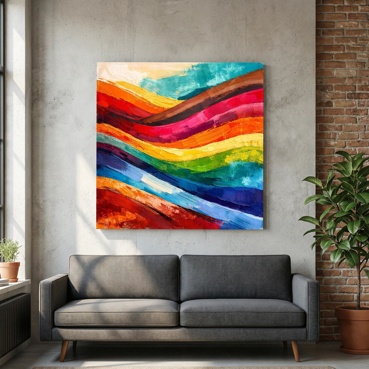 Abstraktes Leinwandbild: bunte Wellenlinien mit kräftigen Pinselstrichen vor grauem Sofa.