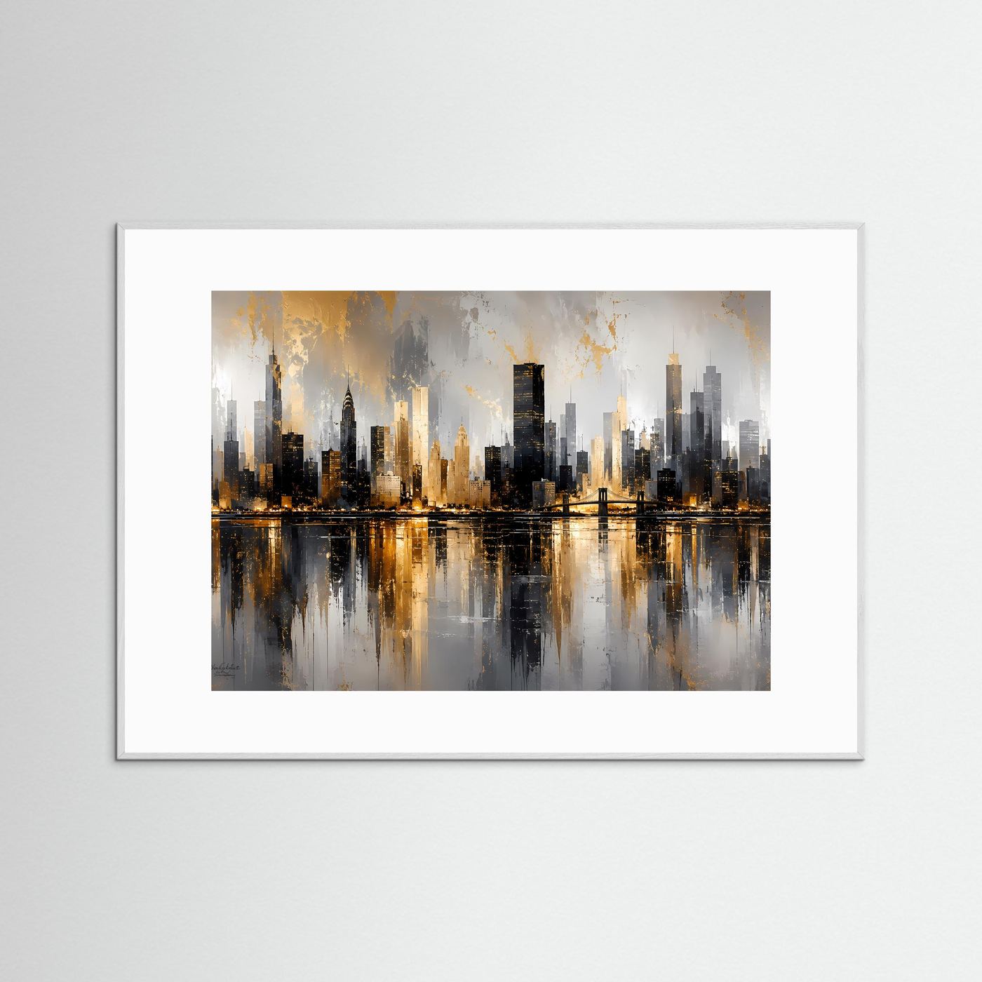 Stadtkunst-Poster im Querformat mit Skyline am Wasser, grauer Rahmen