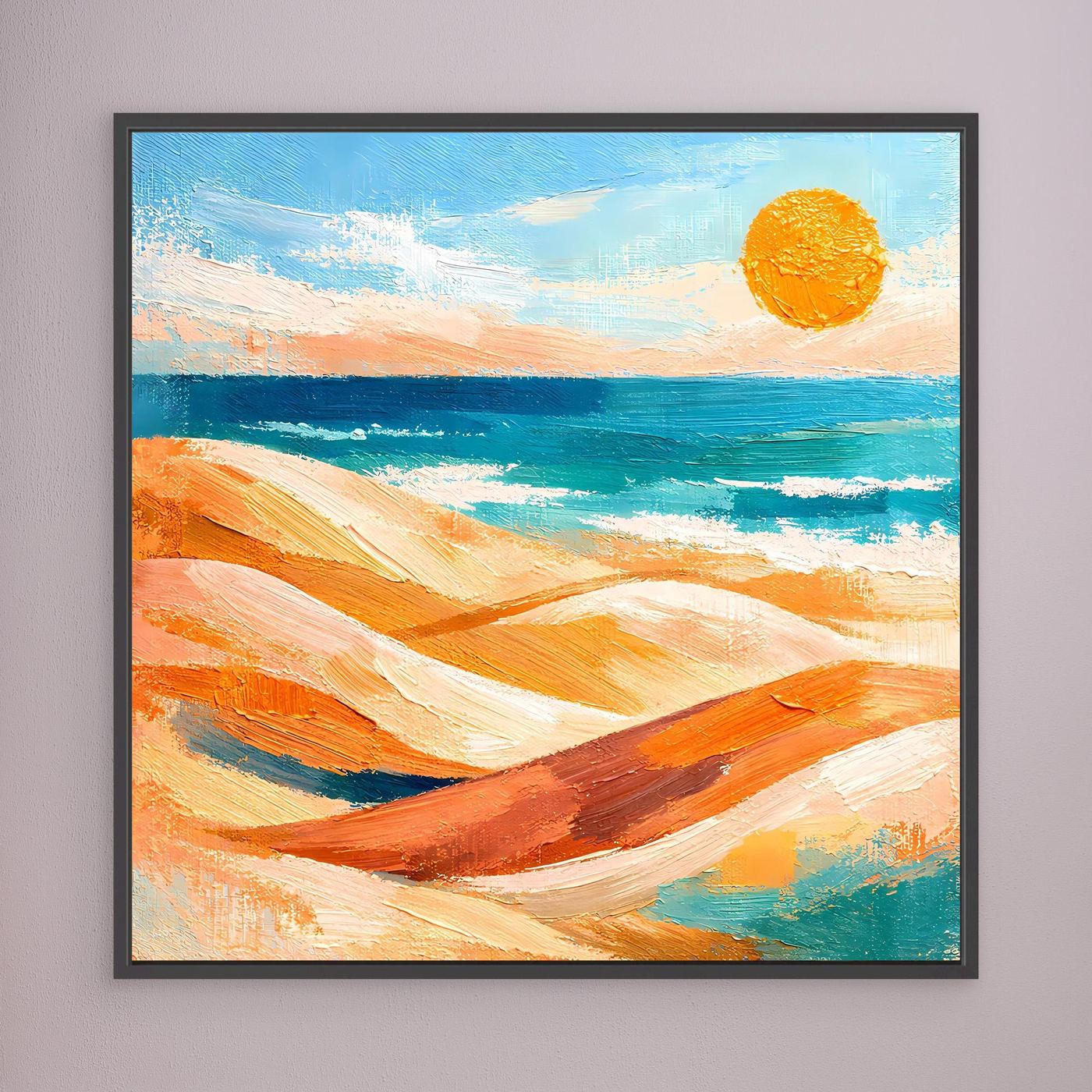 Leinwand-Wandbild mit abstrakten Wellen, Dünen und gelber Sonne, schwarzer Rahmen