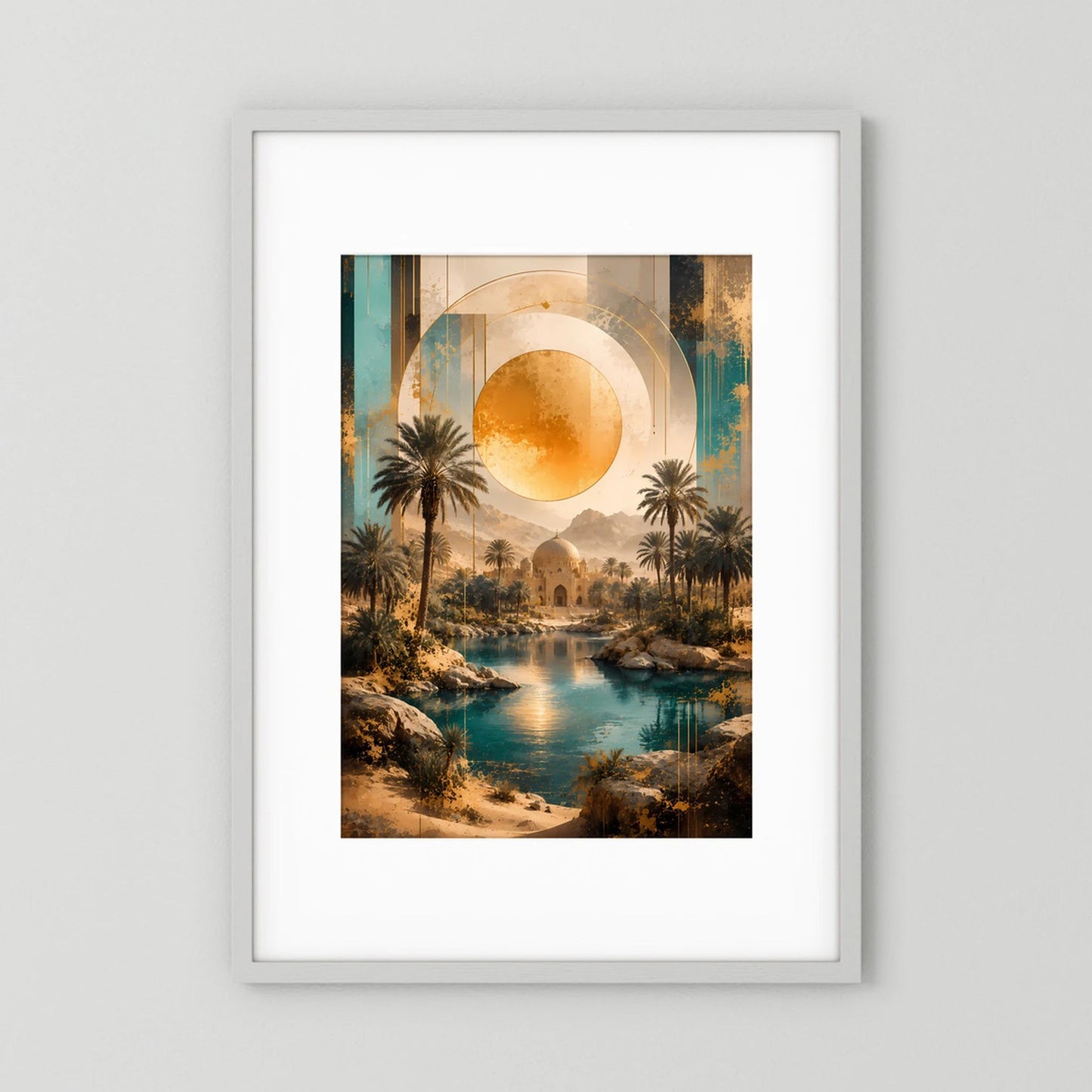 Hochformat-Poster mit abstrakter Oase in Gold und Türkis, Palmen, im weißen Rahmen