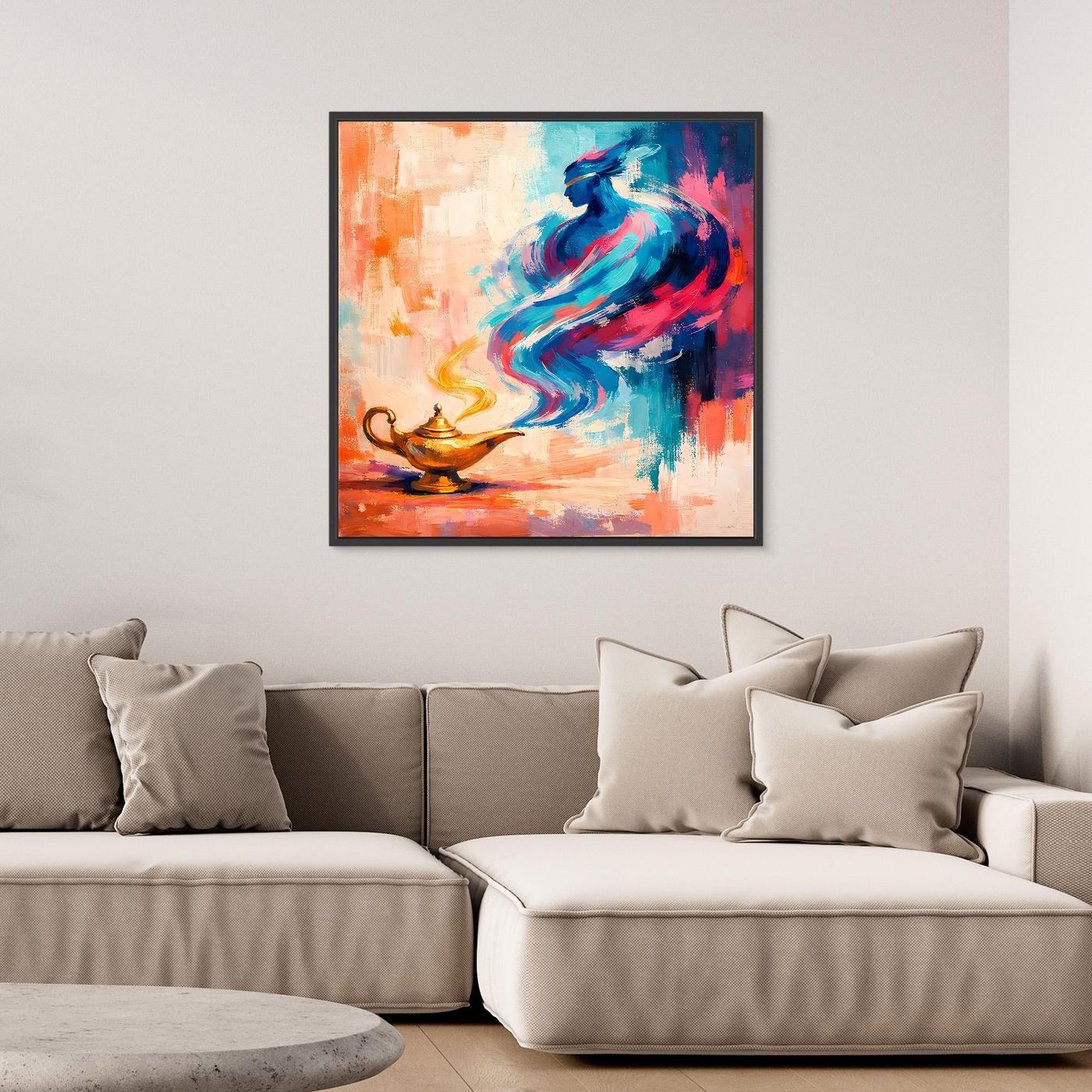 Abstraktes Leinwandbild mit Flaschengeist-Motiv, blau-rosa Akzenten und goldener Lampe