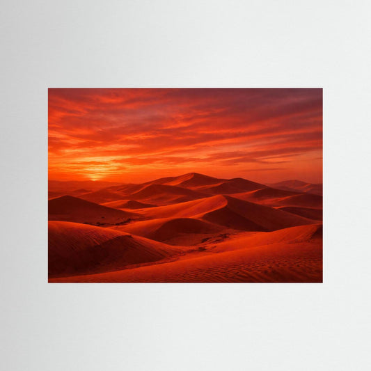 Querformatiges Wüsten-Dünenposter mit rotem Sonnenuntergang und glänzendem Sandkamm